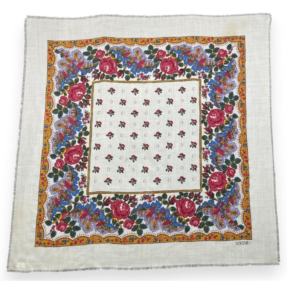 Vintage Souleiado Wool Silk Scarf France Multicolor Floral Wrap Shawl 35x35